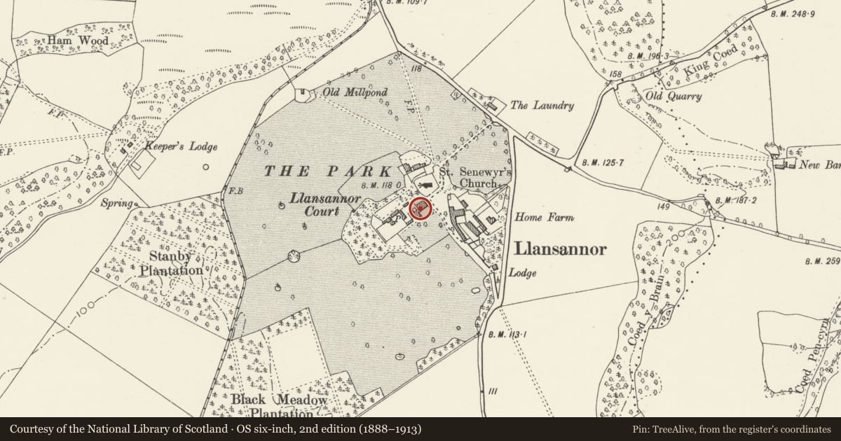 Ordnance Survey six-inch map, 2nd edition (1888–1913) covering the location of Llansannor Court, Penllyn, Vale of Glamorgan, with a pin at the register's coordinates