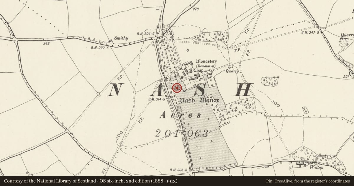 Ordnance Survey six-inch map, 2nd edition (1888–1913) covering the location of Nash Manor, Llandow, Vale of Glamorgan, with a pin at the register's coordinates