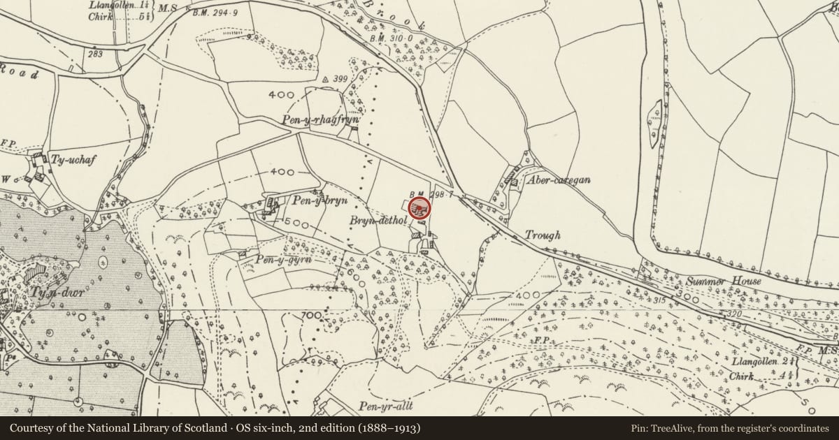 Ordnance Survey six-inch map, 2nd edition (1888–1913) covering the location of Barn at Bryn-dethol Farm, Llangollen, Denbighshire, with a pin at the register's coordinates