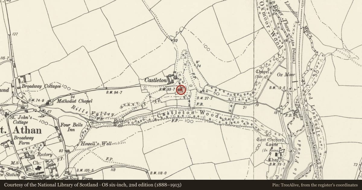 Ordnance Survey six-inch map, 2nd edition (1888–1913) covering the location of Castleton Farmhouse, St. Athan, Vale of Glamorgan, with a pin at the register's coordinates