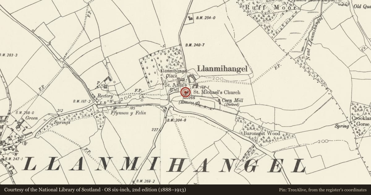 Ordnance Survey six-inch map, 2nd edition (1888–1913) covering the location of Parish Church of St Michael and All Angels, Llandow, Vale of Glamorgan, with a pin at the register's coordinates