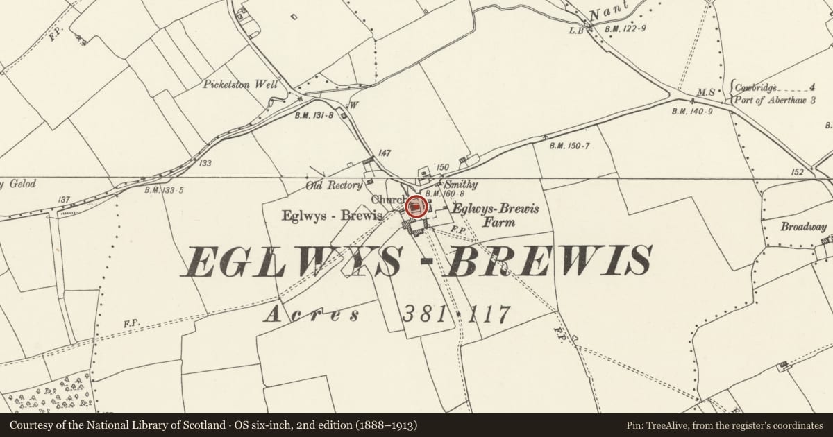 Ordnance Survey six-inch map, 2nd edition (1888–1913) covering the location of Church of St Brise, St. Athan, Vale of Glamorgan, with a pin at the register's coordinates