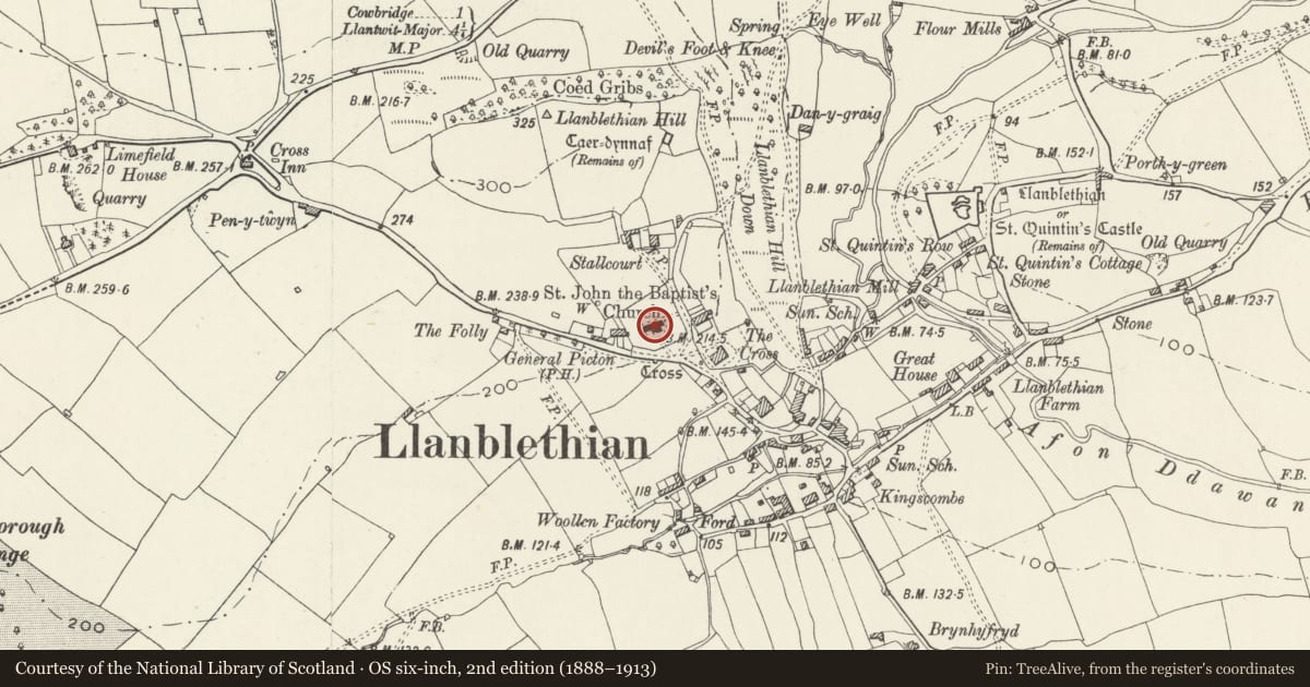 Ordnance Survey six-inch map, 2nd edition (1888–1913) covering the location of Church of St John the Baptist, Cowbridge with Llanblethian, Vale of Glamorgan, with a pin at the register's coordinates