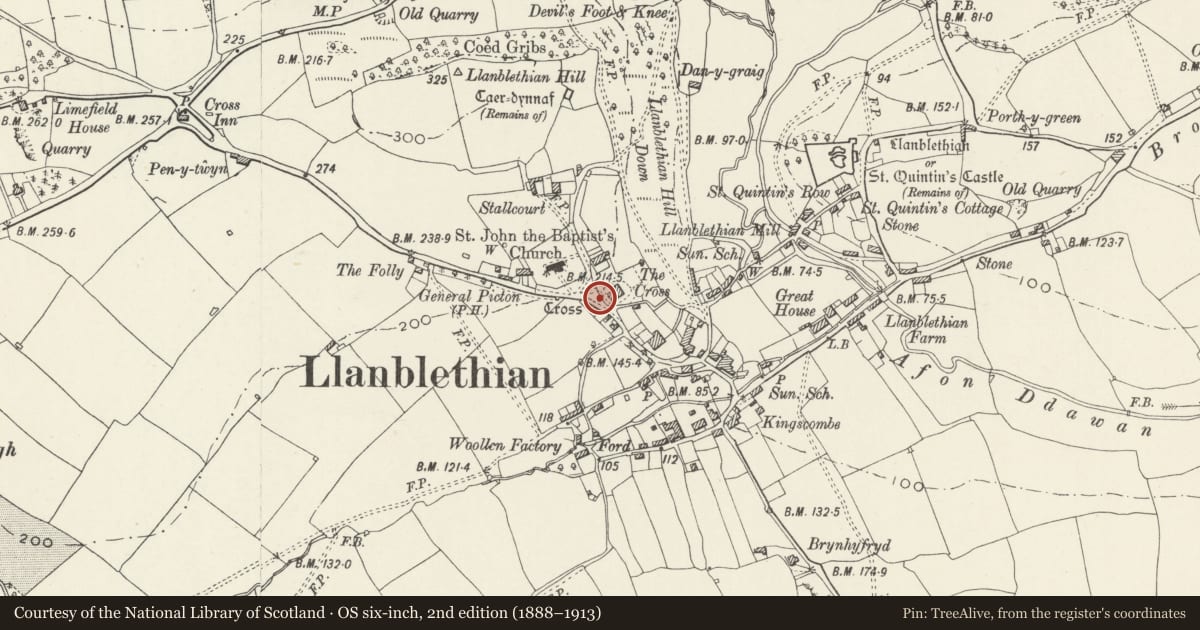 Ordnance Survey six-inch map, 2nd edition (1888–1913) covering the location of Roadside Cross, Cowbridge with Llanblethian, Vale of Glamorgan, with a pin at the register's coordinates