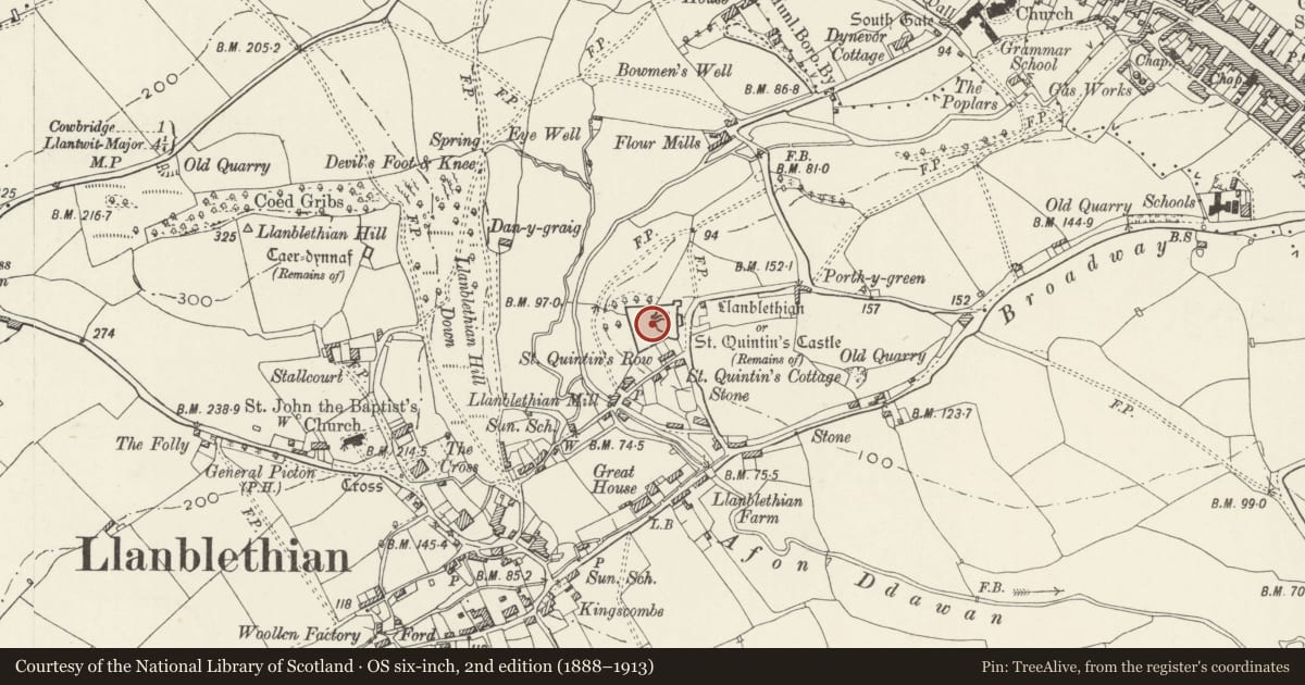 Ordnance Survey six-inch map, 2nd edition (1888–1913) covering the location of St Quintin's Castle (Llanblethian Castle), Cowbridge with Llanblethian, Vale of Glamorgan, with a pin at the register's coordinates