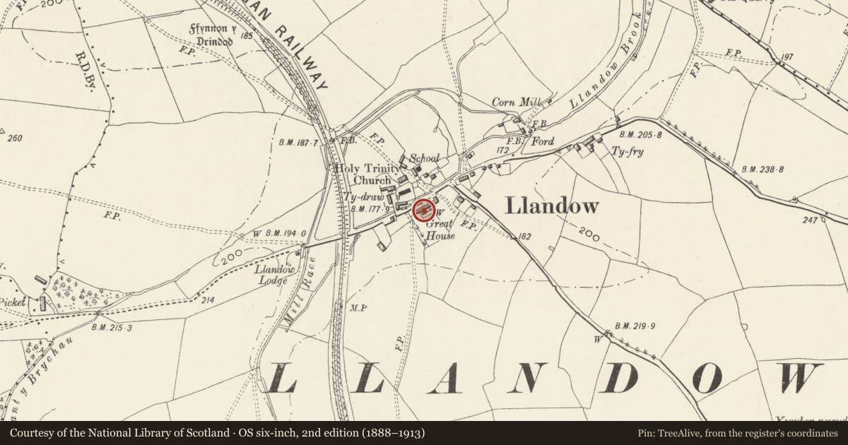 Ordnance Survey six-inch map, 2nd edition (1888–1913) covering the location of The Great House (including attached Flanking Ranges), Llandow, Vale of Glamorgan, with a pin at the register's coordinates