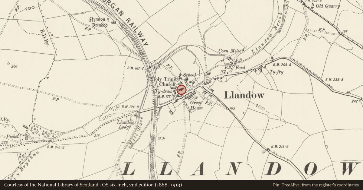 Ordnance Survey six-inch map, 2nd edition (1888–1913) covering the location of Parish Church of The Holy Trinity, Llandow, Vale of Glamorgan, with a pin at the register's coordinates