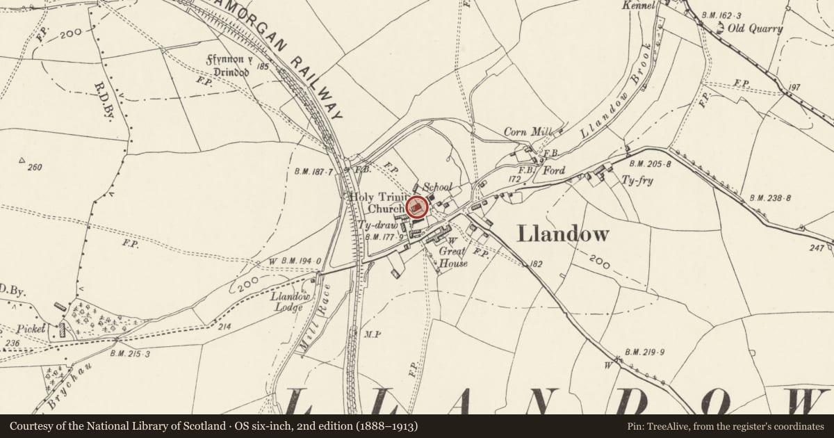 Ordnance Survey six-inch map, 2nd edition (1888–1913) covering the location of Church Farmhouse (also known as The Glebe), Llandow, Vale of Glamorgan, with a pin at the register's coordinates
