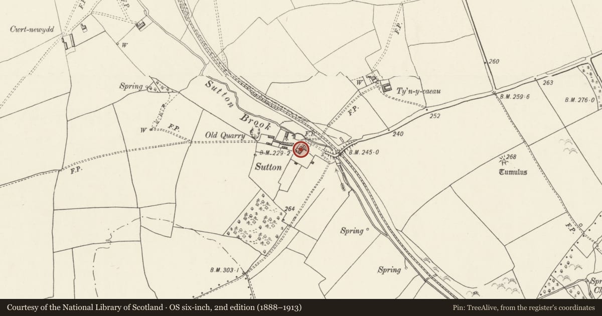 Ordnance Survey six-inch map, 2nd edition (1888–1913) covering the location of Sutton, Llandow, Wrexham, with a pin at the register's coordinates