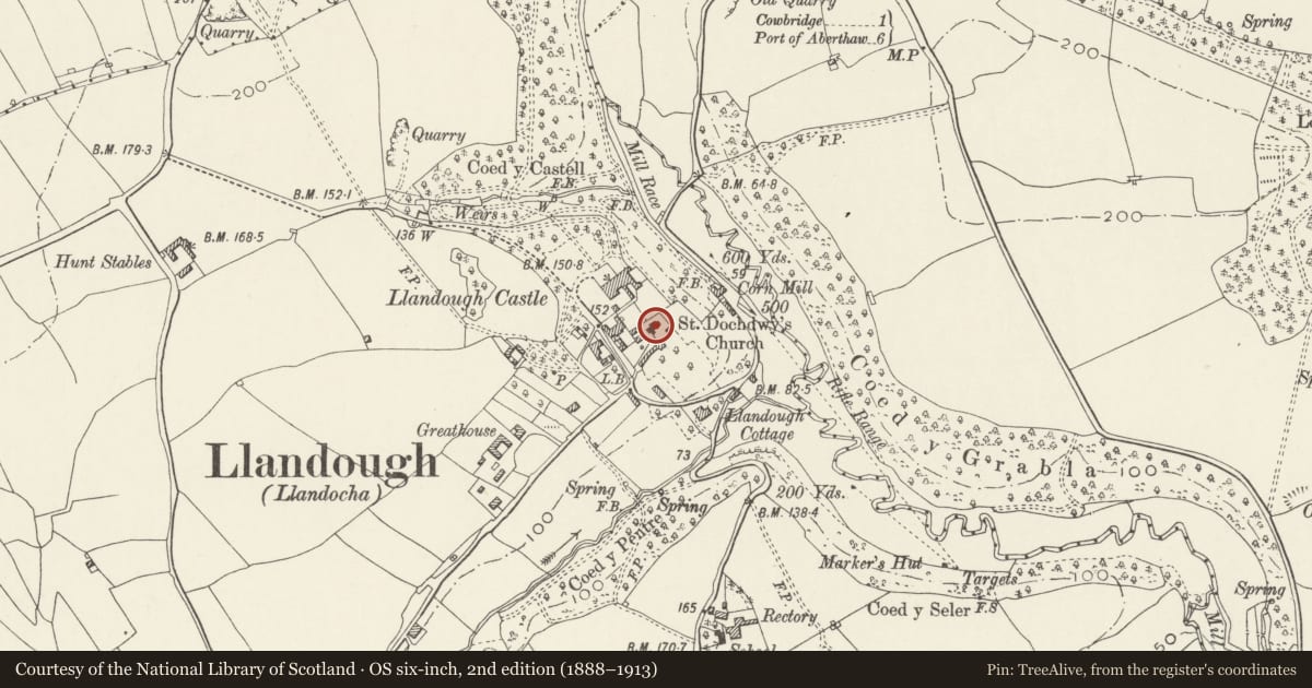 Ordnance Survey six-inch map, 2nd edition (1888–1913) covering the location of Parish Church of St Dochdwy, Llanfair, Vale of Glamorgan, with a pin at the register's coordinates