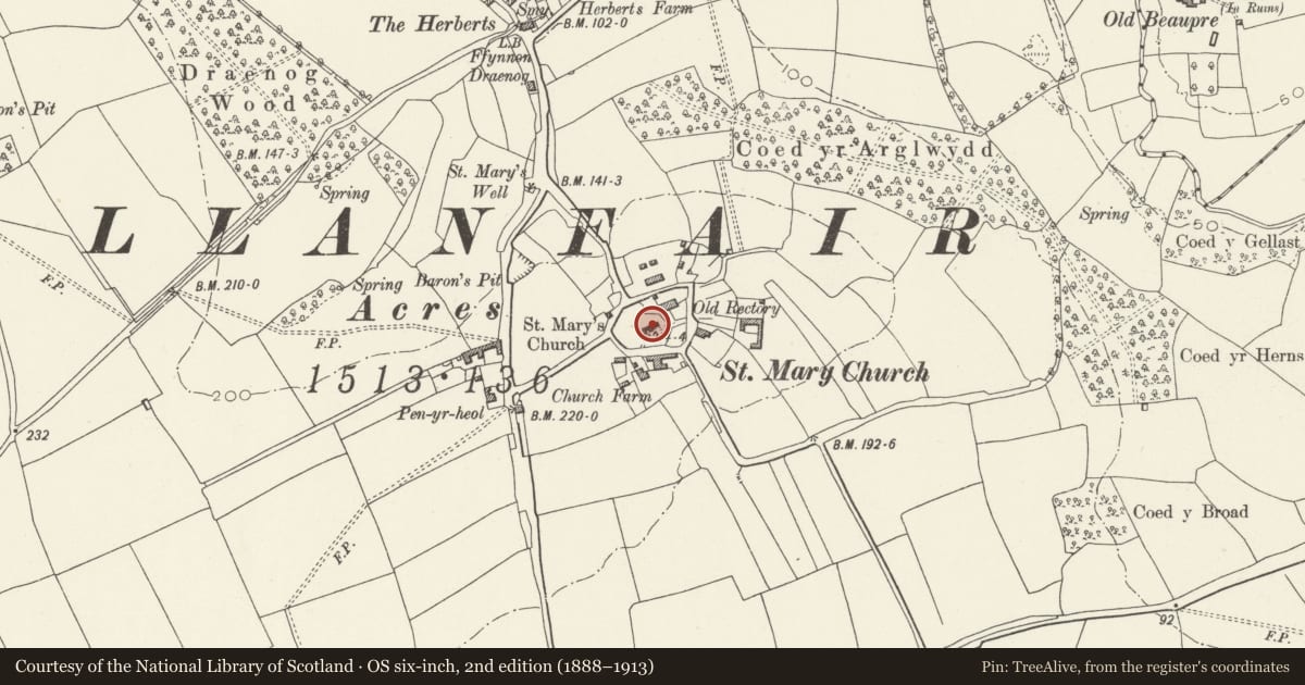 Ordnance Survey six-inch map, 2nd edition (1888–1913) covering the location of Parish Church of St Mary, Llanfair, Vale of Glamorgan, with a pin at the register's coordinates
