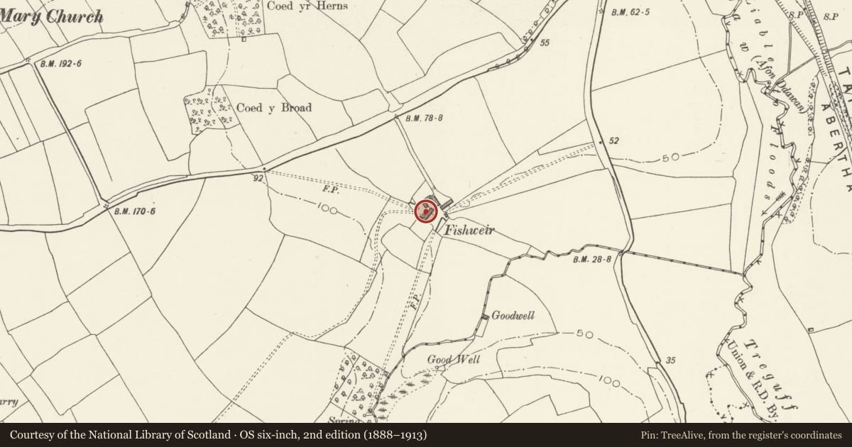 Ordnance Survey six-inch map, 2nd edition (1888–1913) covering the location of Fishweir Farmhouse, Llanfair, Vale of Glamorgan, with a pin at the register's coordinates