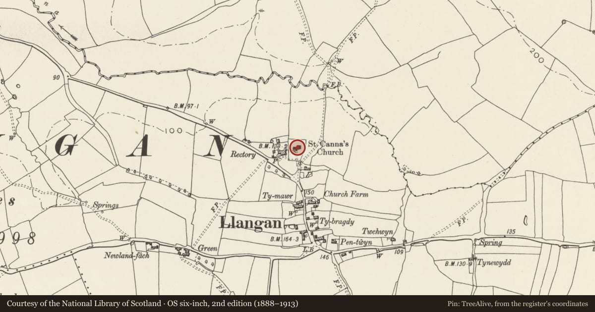 Ordnance Survey six-inch map, 2nd edition (1888–1913) covering the location of Church of St Canna, Llangan, Vale of Glamorgan, with a pin at the register's coordinates