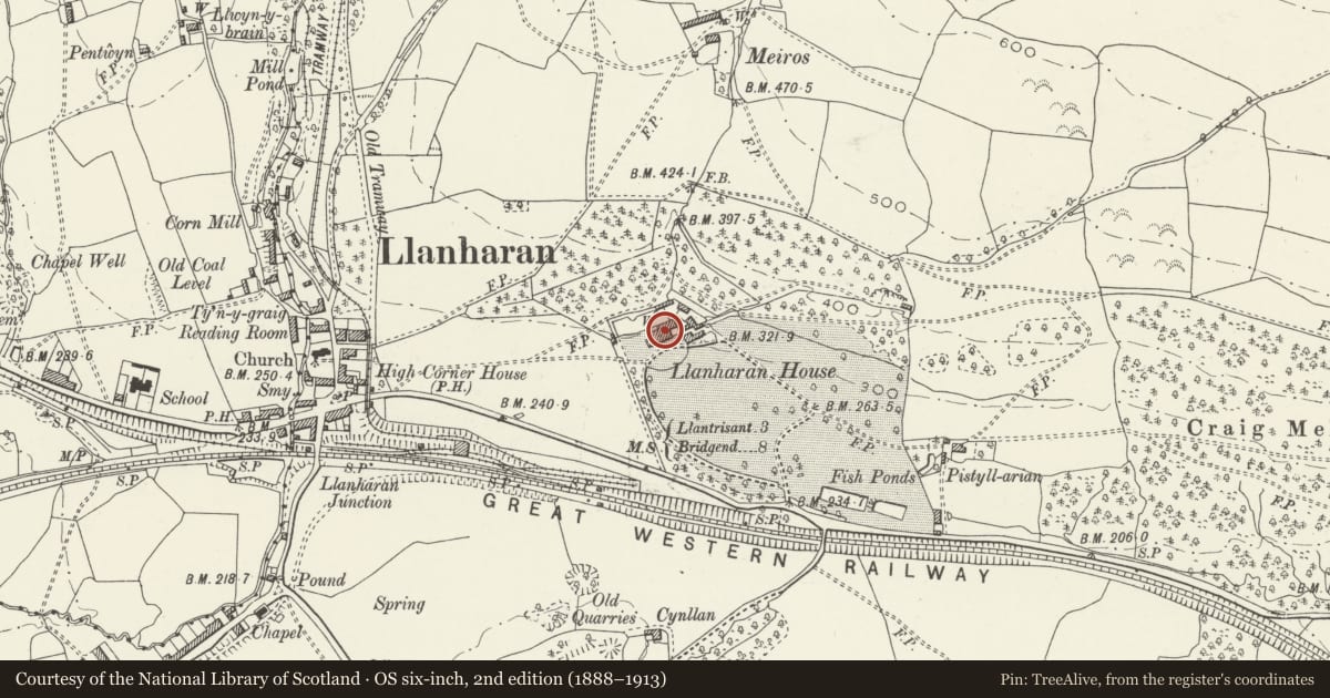 Ordnance Survey six-inch map, 2nd edition (1888–1913) covering the location of Llanharan House, Rhondda Cynon Taff, with a pin at the register's coordinates