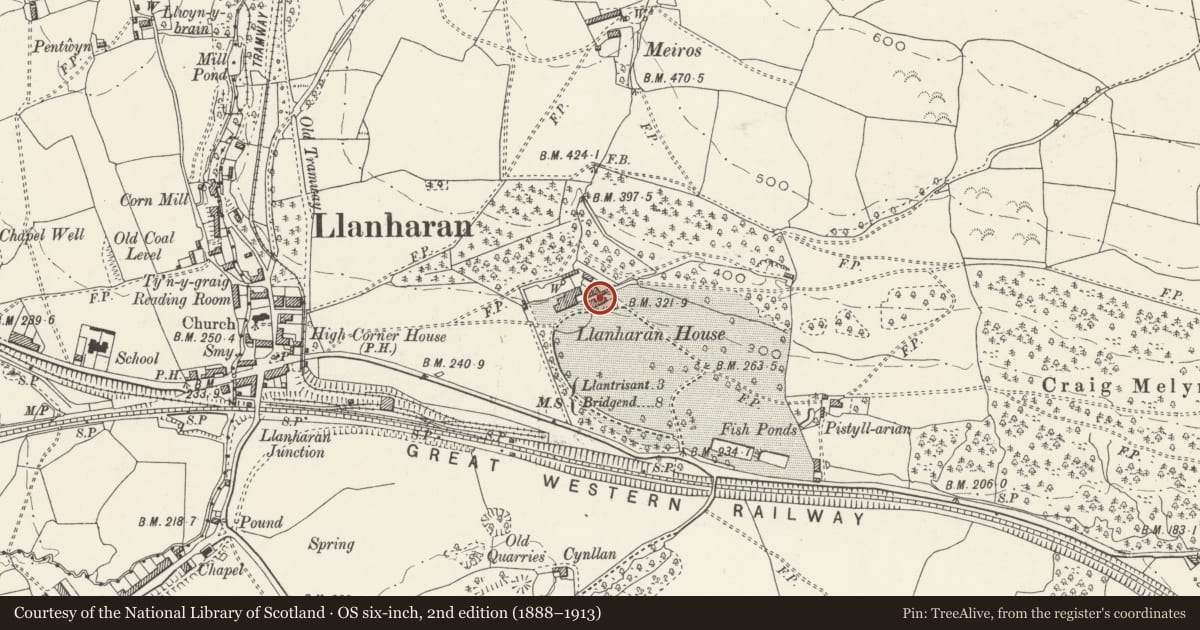 Ordnance Survey six-inch map, 2nd edition (1888–1913) covering the location of Stable block at Llanharan House, Rhondda Cynon Taff, with a pin at the register's coordinates