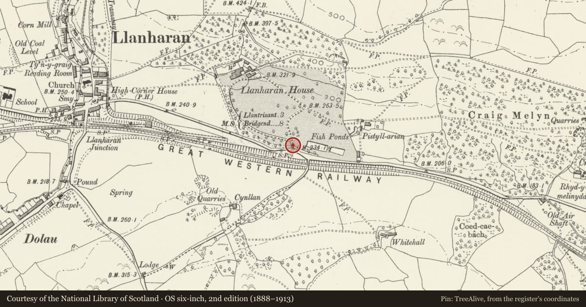 Ordnance Survey six-inch map, 2nd edition (1888–1913) covering the location of Gate piers, gates and railings at main entrance to Llanharan House, Rhondda Cynon Taff, with a pin at the register's coordinates