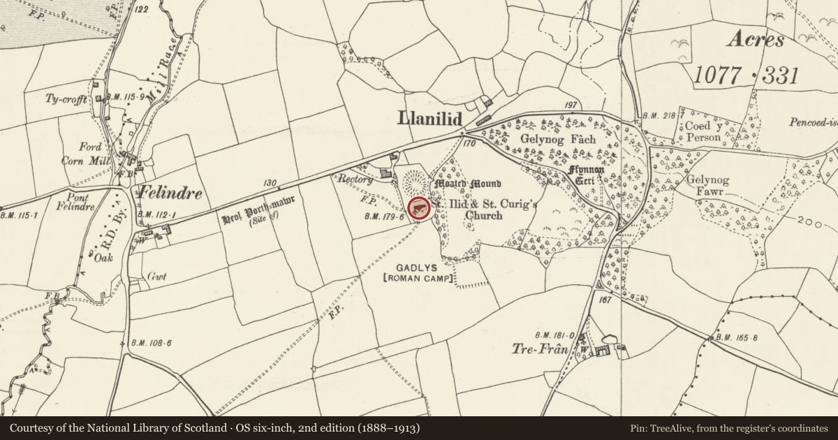 Ordnance Survey six-inch map, 2nd edition (1888–1913) covering the location of Church of SS Ilid and Curig, Llanharan, Rhondda Cynon Taff, with a pin at the register's coordinates