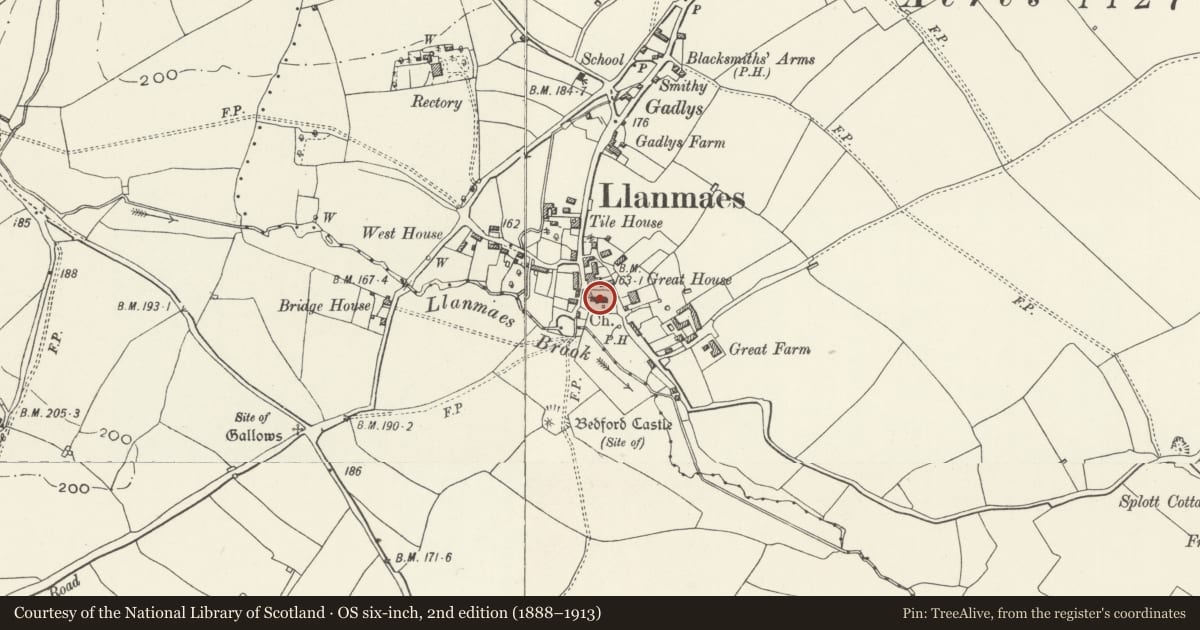 Ordnance Survey six-inch map, 2nd edition (1888–1913) covering the location of Church of St Cattwg, Llan-Maes, Vale of Glamorgan, with a pin at the register's coordinates