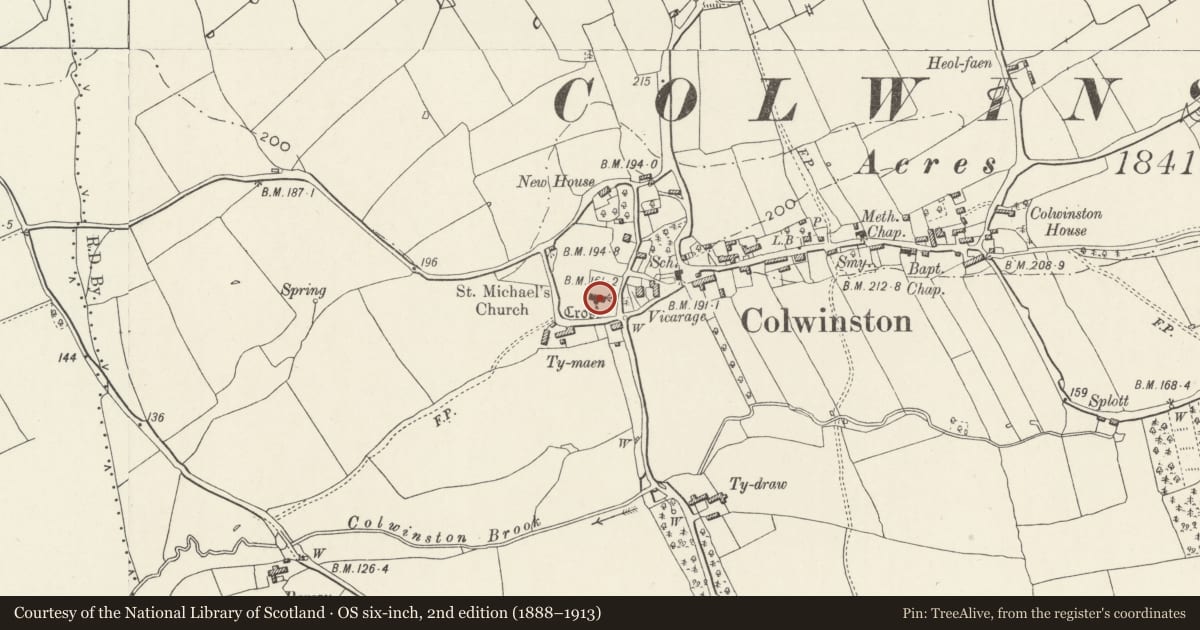 Ordnance Survey six-inch map, 2nd edition (1888–1913) covering the location of Church of St Michael and All Angels, Colwinston, Vale of Glamorgan, with a pin at the register's coordinates