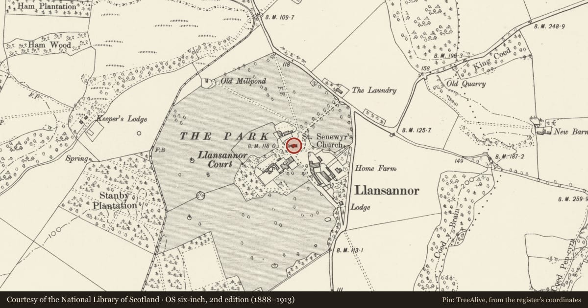 Ordnance Survey six-inch map, 2nd edition (1888–1913) covering the location of Church of St. Senwyr, Penllyn, Vale of Glamorgan, with a pin at the register's coordinates