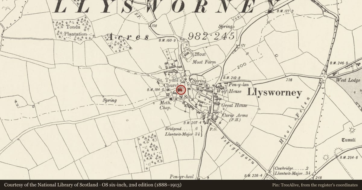 Ordnance Survey six-inch map, 2nd edition (1888–1913) covering the location of Parish Church of St Tydfil, Llandow, Vale of Glamorgan, with a pin at the register's coordinates