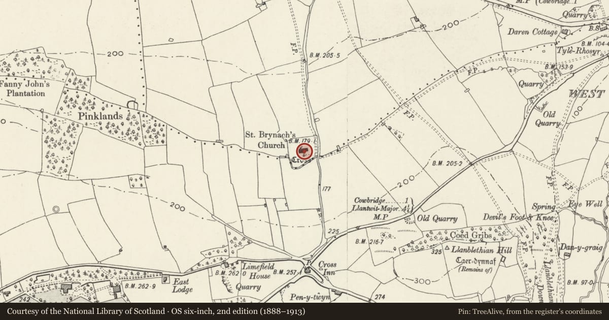 Ordnance Survey six-inch map, 2nd edition (1888–1913) covering the location of Church of St. Brynach, Penllyn, Vale of Glamorgan, with a pin at the register's coordinates