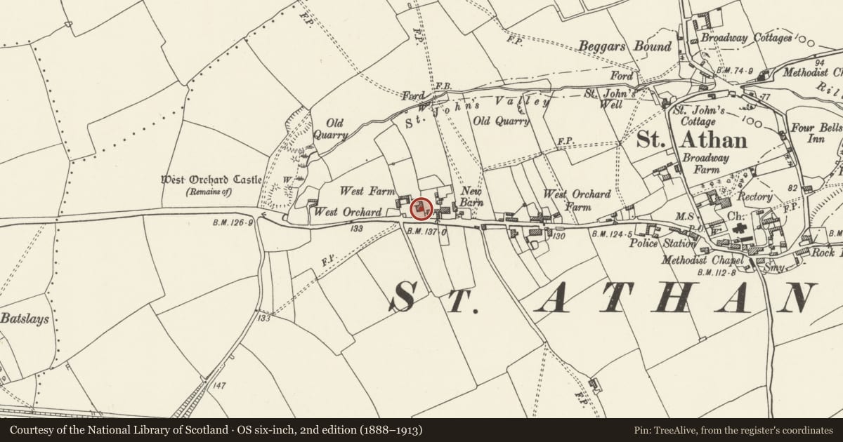 Ordnance Survey six-inch map, 2nd edition (1888–1913) covering the location of West Farmhouse, St. Athan, Vale of Glamorgan, with a pin at the register's coordinates