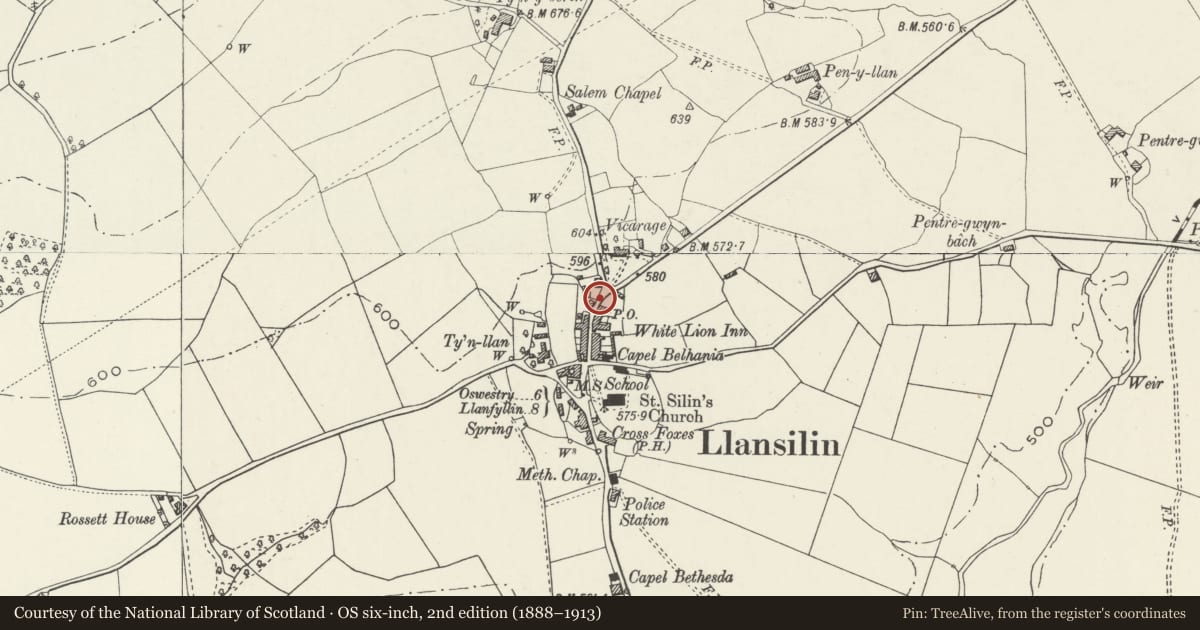 Ordnance Survey six-inch map, 2nd edition (1888–1913) covering the location of Telephone Call-box in Llansilin village, Powys, with a pin at the register's coordinates