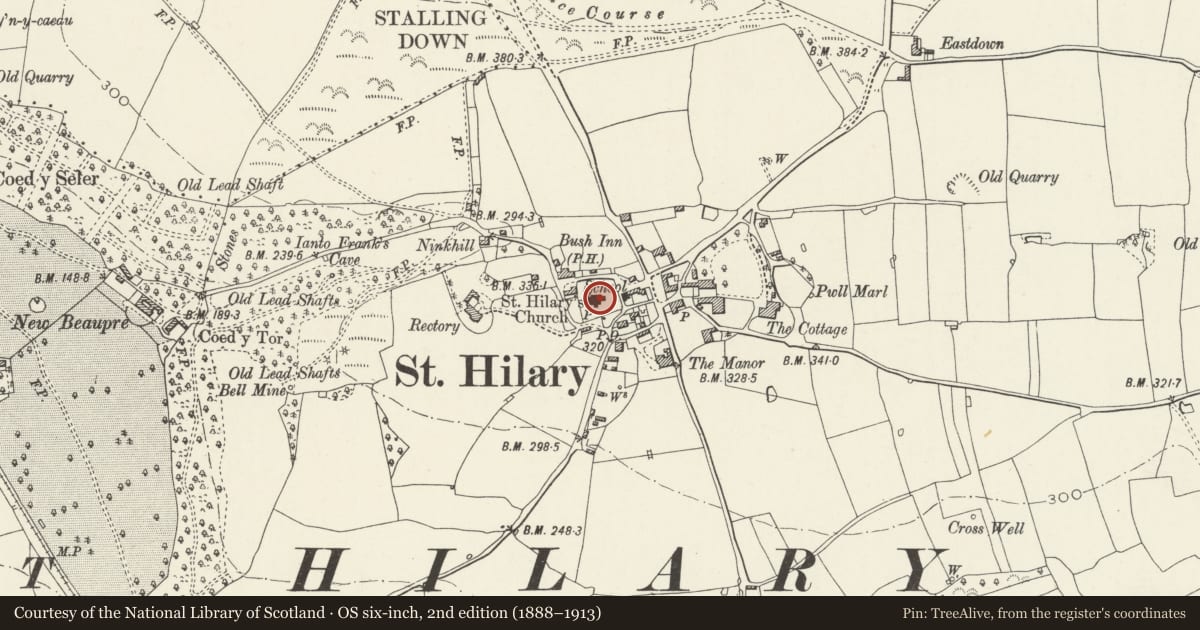 Ordnance Survey six-inch map, 2nd edition (1888–1913) covering the location of Parish Church of St Hilary, Llanfair, Vale of Glamorgan, with a pin at the register's coordinates
