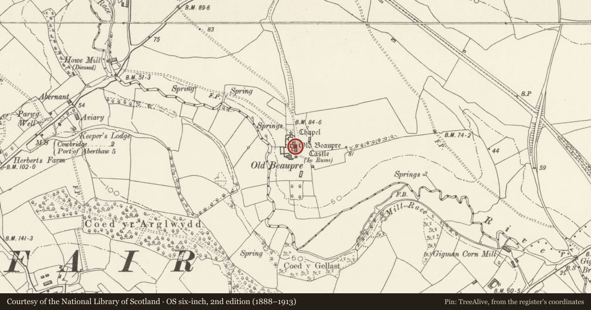 Ordnance Survey six-inch map, 2nd edition (1888–1913) covering the location of Old Beaupre Farmhouse, Llanfair, Vale of Glamorgan, with a pin at the register's coordinates
