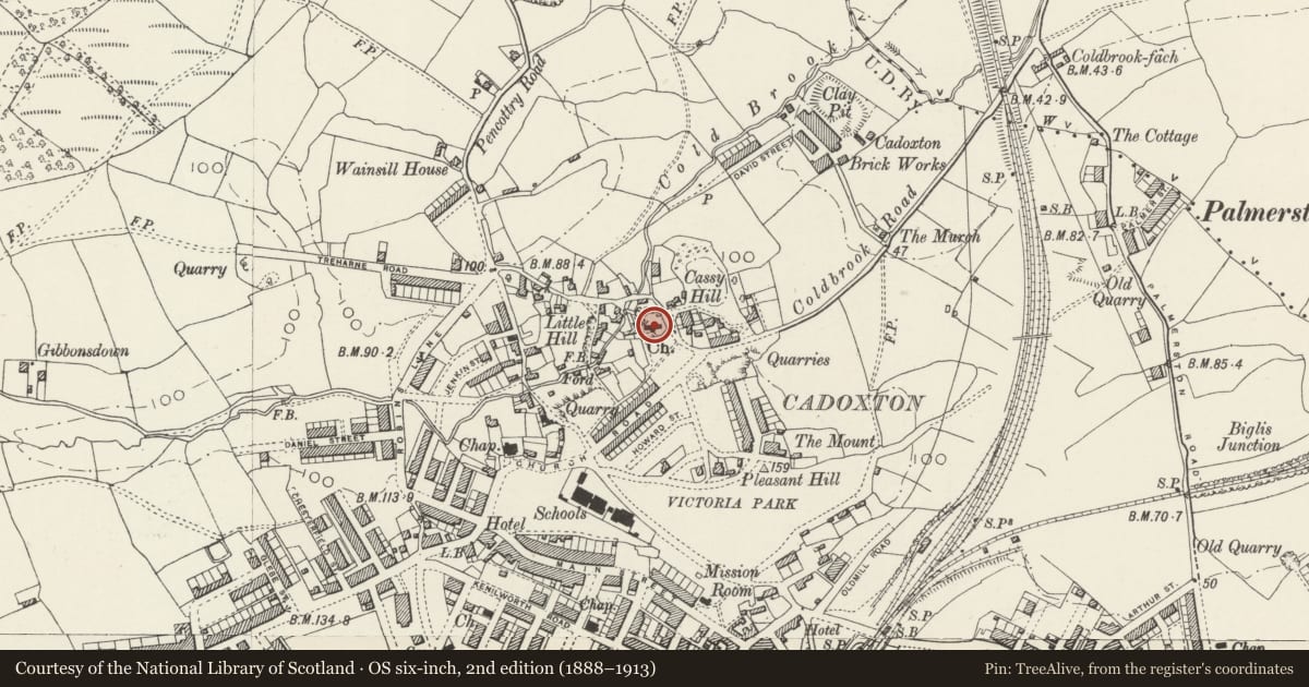 Ordnance Survey six-inch map, 2nd edition (1888–1913) covering the location of Church of St Cadoc, Barry, Vale of Glamorgan, with a pin at the register's coordinates