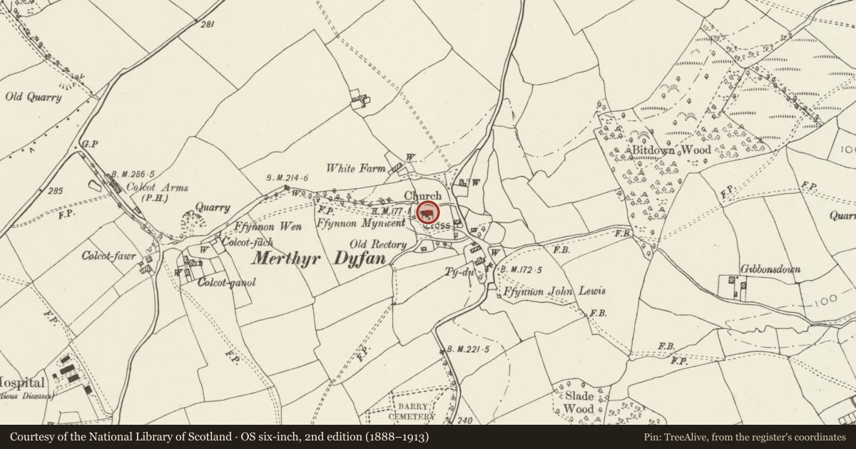 Ordnance Survey six-inch map, 2nd edition (1888–1913) covering the location of Church of St Dyfan and St Teilo, Barry, Vale of Glamorgan, with a pin at the register's coordinates