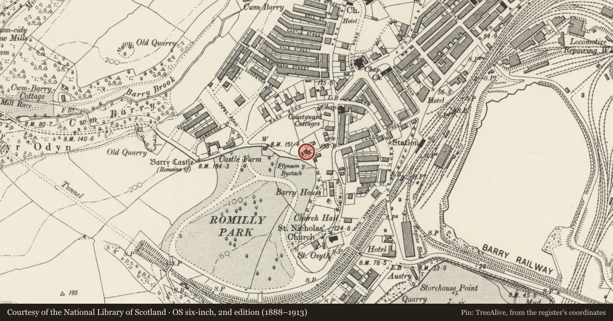 Ordnance Survey six-inch map, 2nd edition (1888–1913) covering the location of 10 Old Village Road, Barry, Vale of Glamorgan, with a pin at the register's coordinates