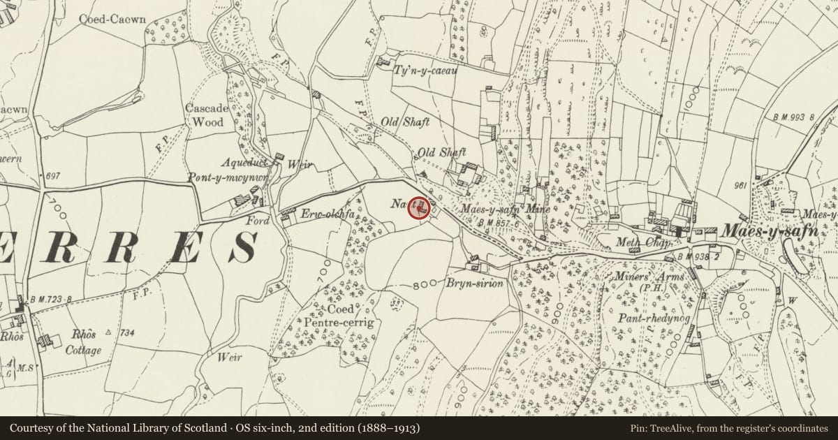 Ordnance Survey six-inch map, 2nd edition (1888–1913) covering the location of Nant Cottage, Llanferres, Denbighshire, with a pin at the register's coordinates