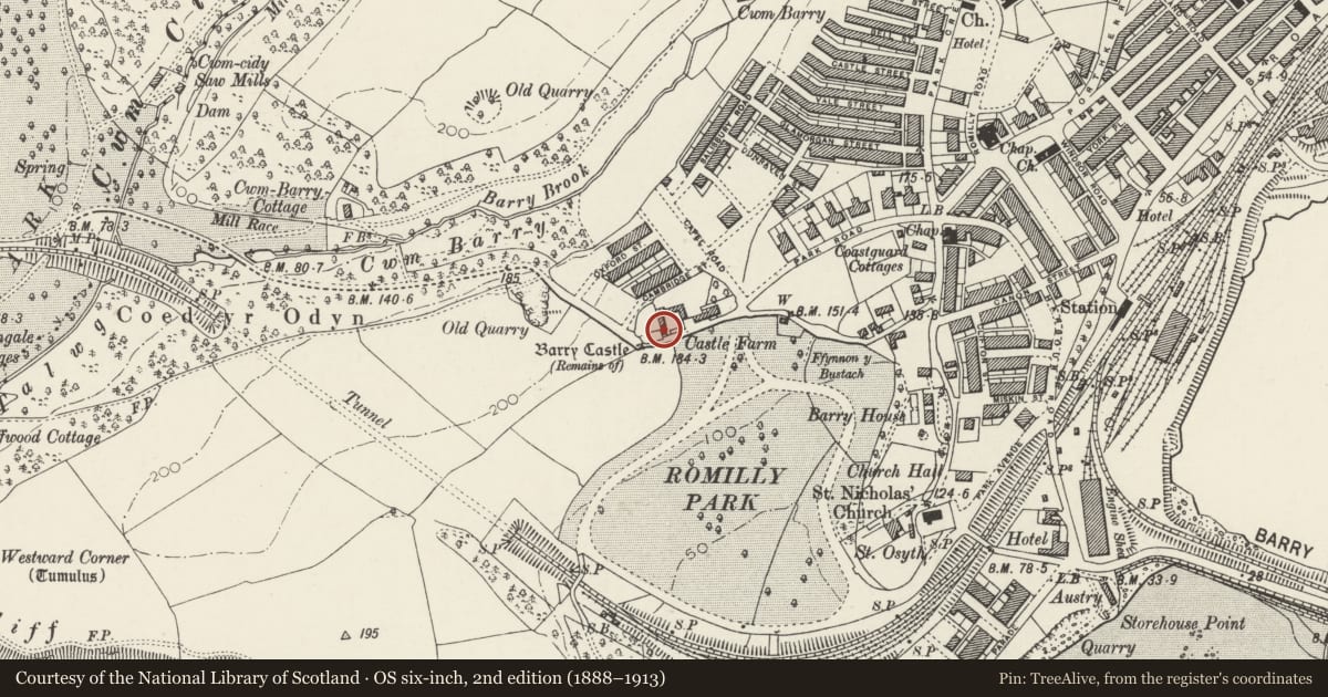 Ordnance Survey six-inch map, 2nd edition (1888–1913) covering the location of Barry Castle, Vale of Glamorgan, with a pin at the register's coordinates