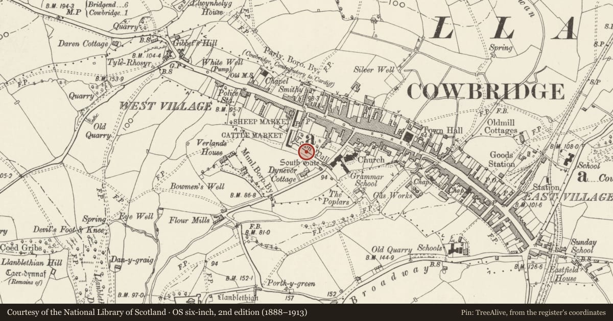 Ordnance Survey six-inch map, 2nd edition (1888–1913) covering the location of Town Walls, Cowbridge with Llanblethian, Vale of Glamorgan, with a pin at the register's coordinates
