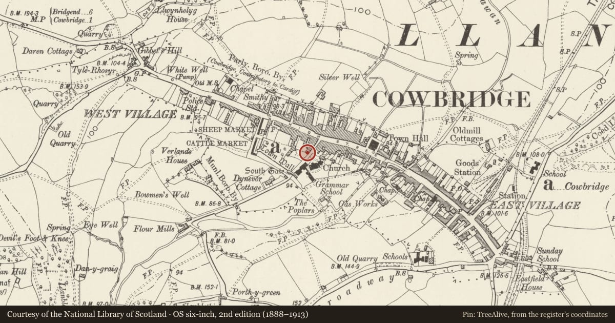 Ordnance Survey six-inch map, 2nd edition (1888–1913) covering the location of 6 & 7 Church Street, Cowbridge with Llanblethian, Vale of Glamorgan, with a pin at the register's coordinates