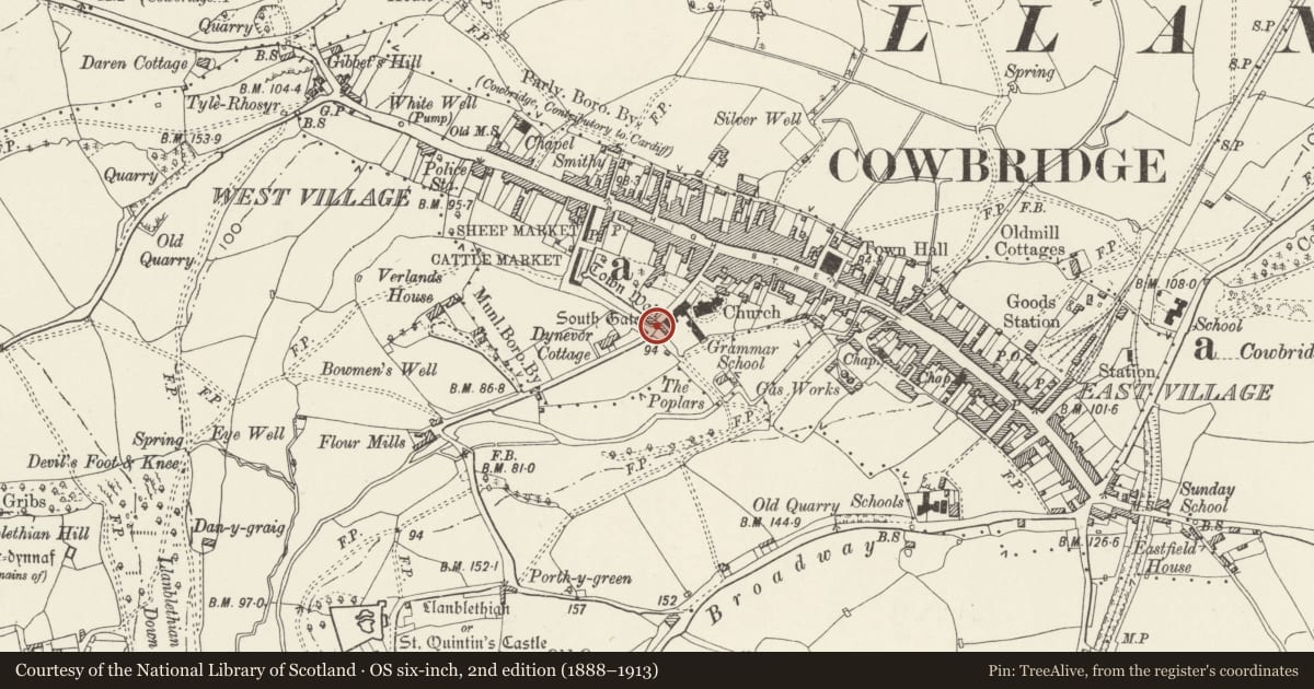 Ordnance Survey six-inch map, 2nd edition (1888–1913) covering the location of South Gate (Porth y Felin), Cowbridge with Llanblethian, Vale of Glamorgan, with a pin at the register's coordinates