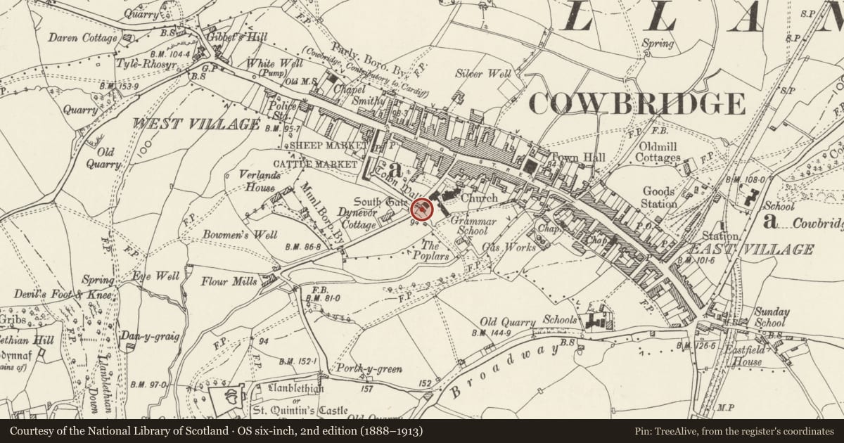 Ordnance Survey six-inch map, 2nd edition (1888–1913) covering the location of The Boot House at Grammar School, Cowbridge with Llanblethian, Vale of Glamorgan, with a pin at the register's coordinates