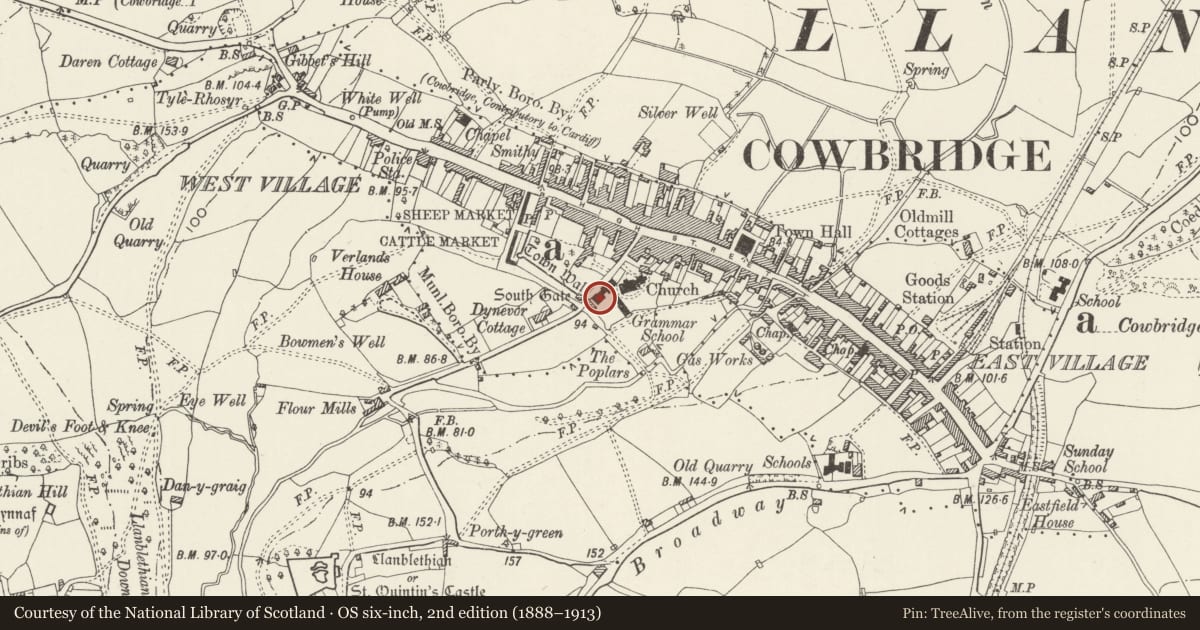 Ordnance Survey six-inch map, 2nd edition (1888–1913) covering the location of Cowbridge Grammar School, Cowbridge with Llanblethian, Vale of Glamorgan, with a pin at the register's coordinates