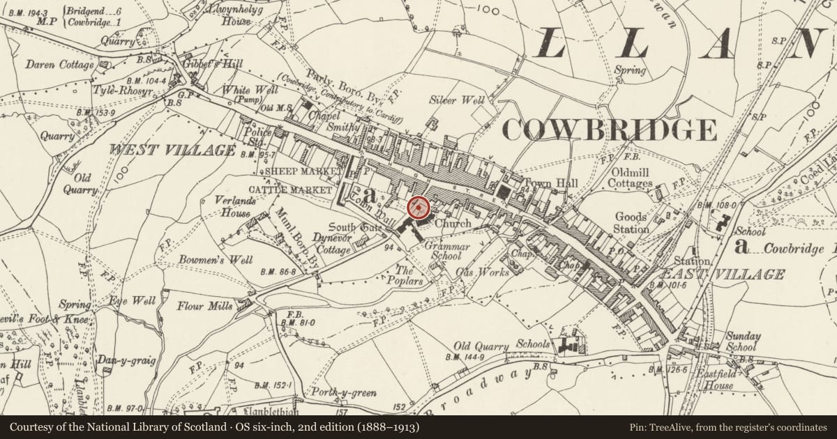 Ordnance Survey six-inch map, 2nd edition (1888–1913) covering the location of Gate Piers & End Piers, Walls, Railings & Gates at W Entrance to Churchyard, Cowbridge with Llanblethian, Vale of Glamorgan, with a pin at the register's coordinates