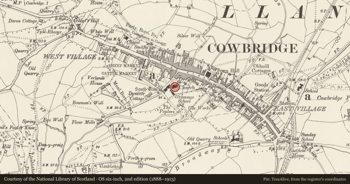 Ordnance Survey six-inch map, 2nd edition (1888–1913) covering the location of Church of the Holy Cross, Cowbridge with Llanblethian, Vale of Glamorgan, with a pin at the register's coordinates