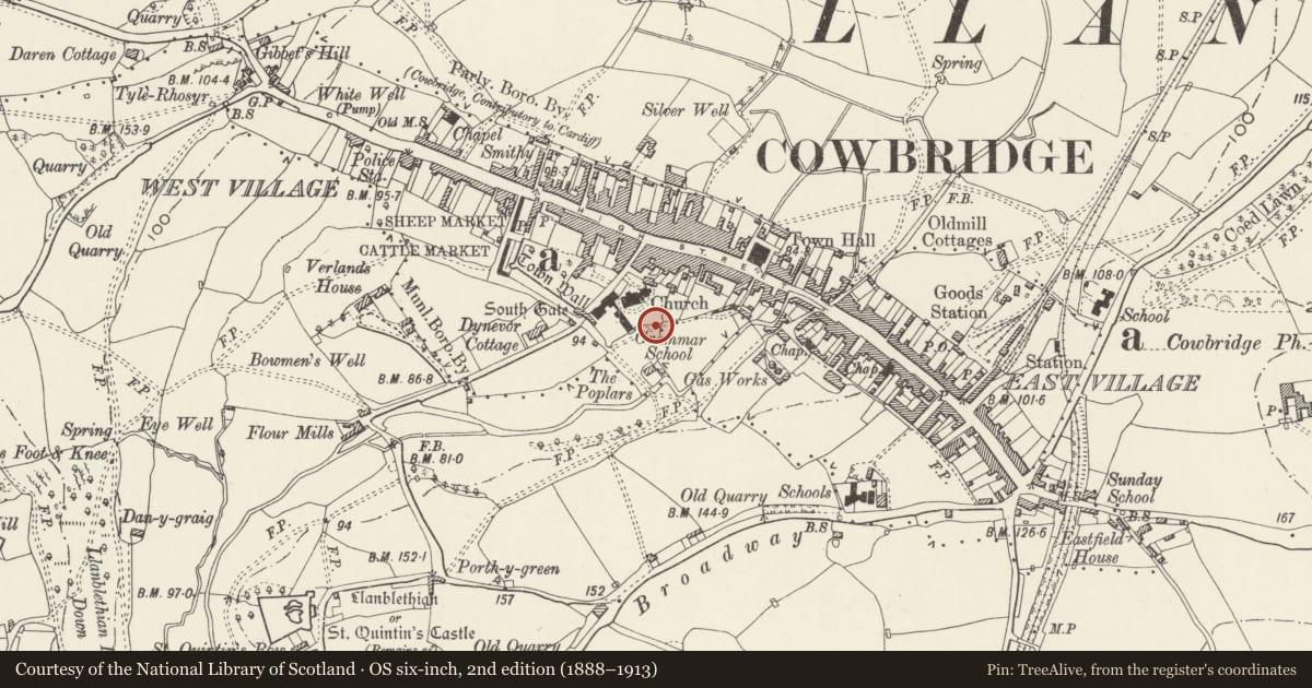 Ordnance Survey six-inch map, 2nd edition (1888–1913) covering the location of S, SE & NW Churchyard Walls, Cowbridge with Llanblethian, Vale of Glamorgan, with a pin at the register's coordinates