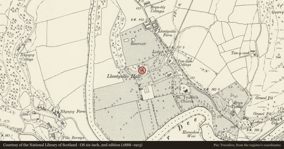 Ordnance Survey six-inch map, 2nd edition (1888–1913) covering the location of Llantysilio Hall, Denbighshire, with a pin at the register's coordinates