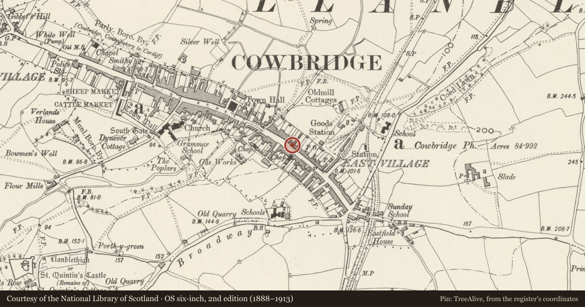 Ordnance Survey six-inch map, 2nd edition (1888–1913) covering the location of 71 & 73 Eastgate, Cowbridge with Llanblethian, Vale of Glamorgan, with a pin at the register's coordinates