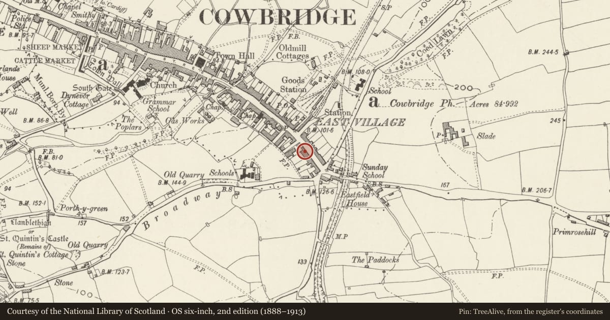 Ordnance Survey six-inch map, 2nd edition (1888–1913) covering the location of East House, Cowbridge with Llanblethian, Vale of Glamorgan, with a pin at the register's coordinates