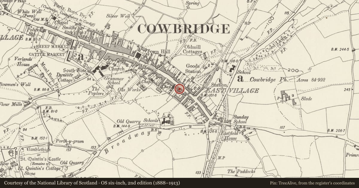 Ordnance Survey six-inch map, 2nd edition (1888–1913) covering the location of Ancient Druid, Cowbridge with Llanblethian, Vale of Glamorgan, with a pin at the register's coordinates