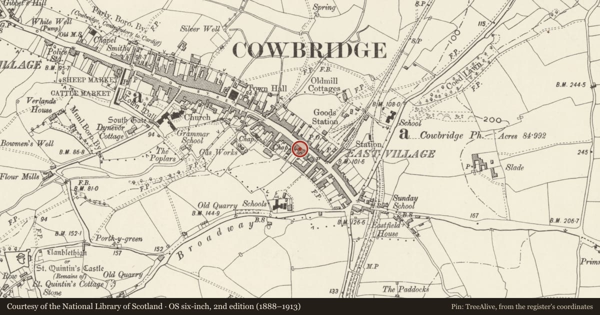 Ordnance Survey six-inch map, 2nd edition (1888–1913) covering the location of The Armoury, Cowbridge with Llanblethian, Vale of Glamorgan, with a pin at the register's coordinates