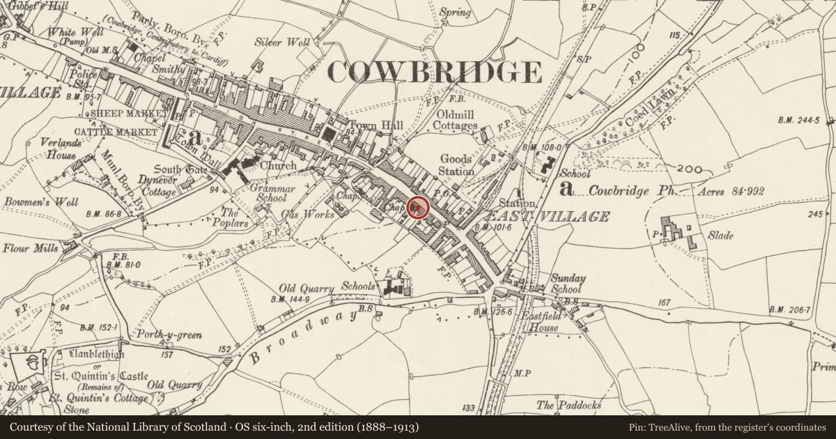 Ordnance Survey six-inch map, 2nd edition (1888–1913) covering the location of East Villa, Cowbridge with Llanblethian, Vale of Glamorgan, with a pin at the register's coordinates