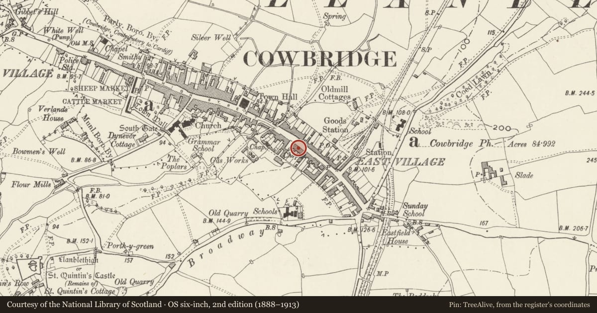 Ordnance Survey six-inch map, 2nd edition (1888–1913) covering the location of Heath House, Cowbridge with Llanblethian, Vale of Glamorgan, with a pin at the register's coordinates